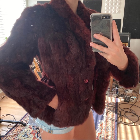 Vintage REAL RABBIT FUR Coat Jacket Maroon Red - Picture 6 of 13
